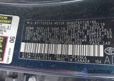 2018 Toyota Corolla Le из США, поврежденный, VIN 2T1BURHE7JC056560